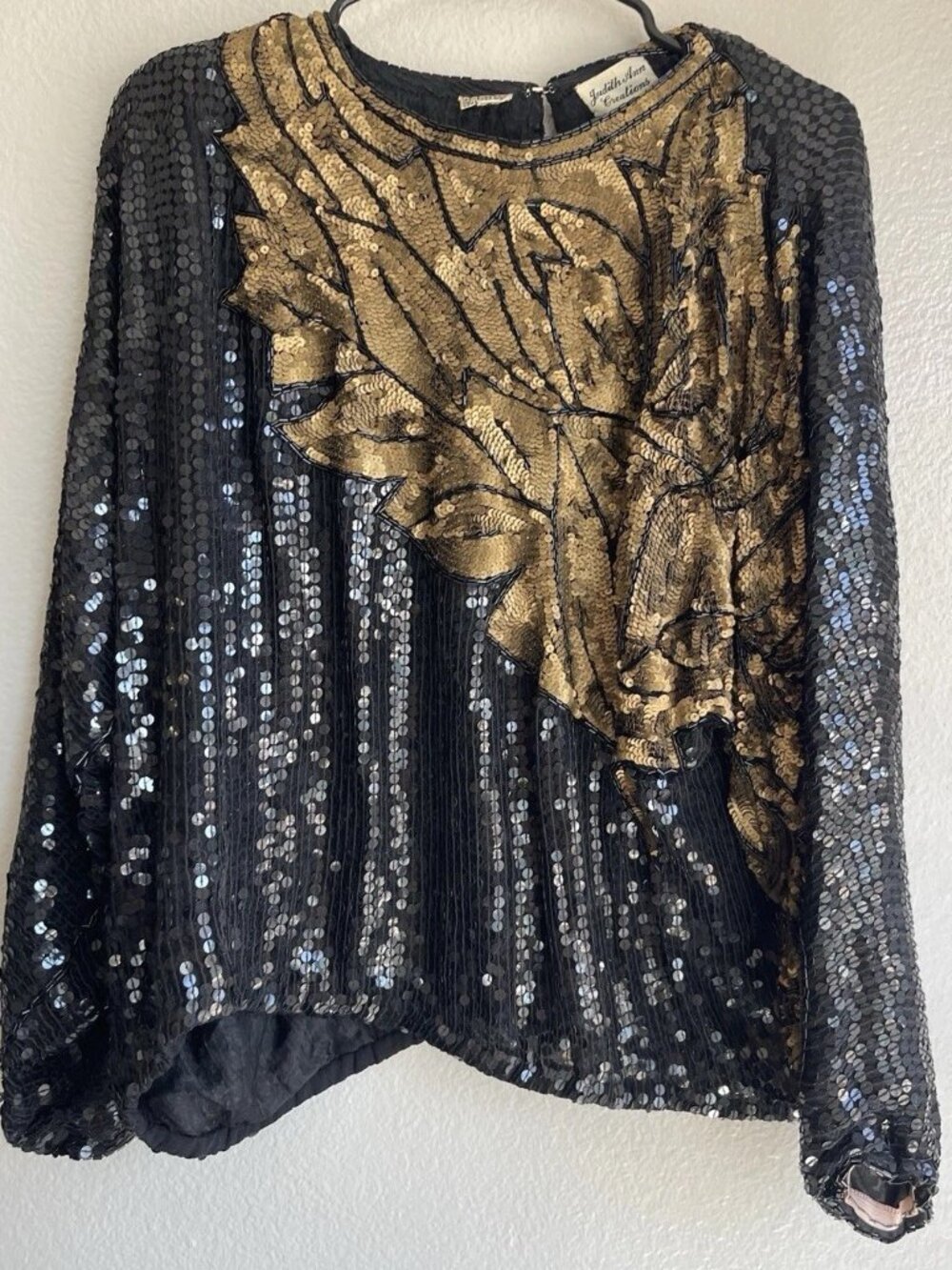 Vintage Judith Ann Creations Asymmetrical Beaded 100% Silk Sequined Top Sz L